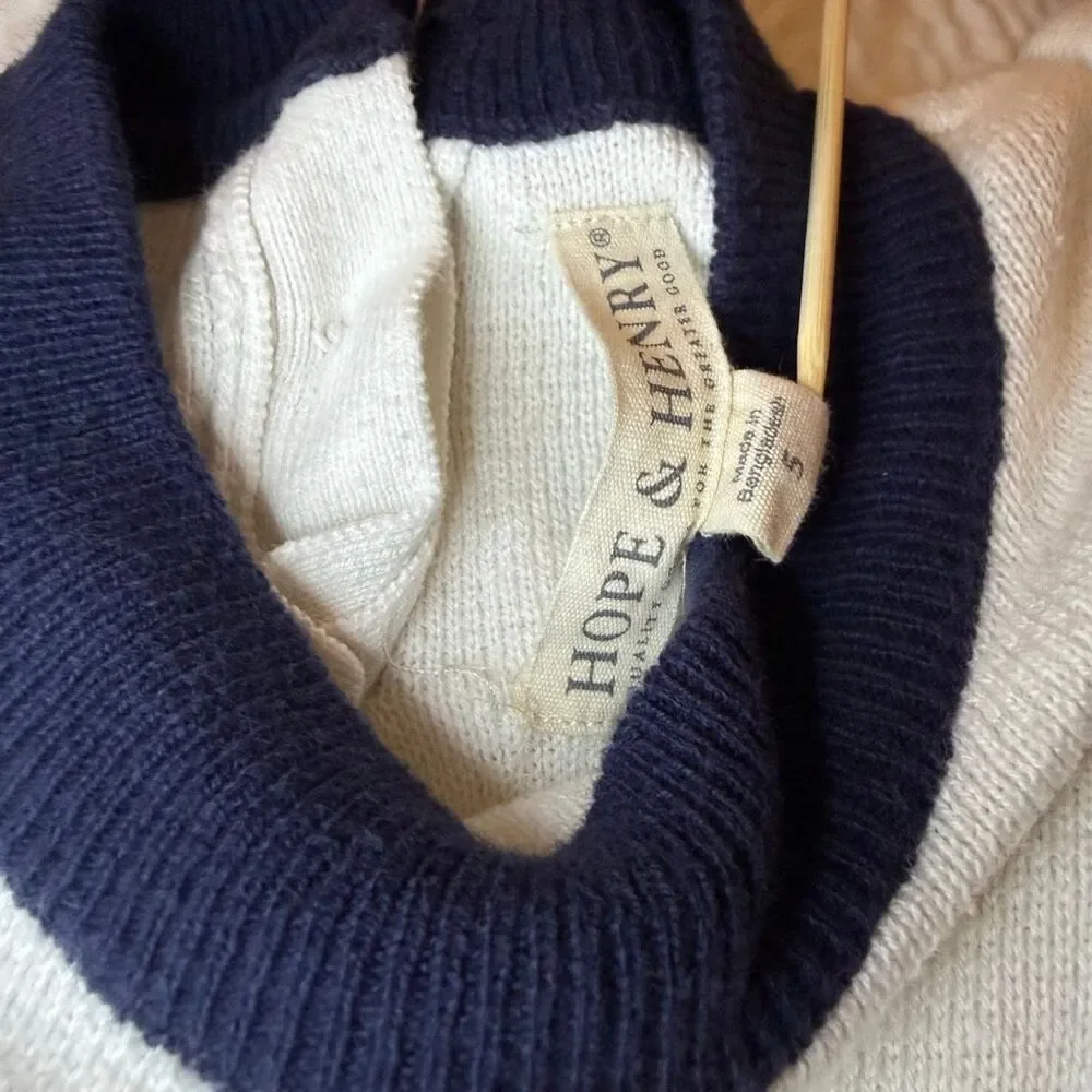Hope & Henry | Ivory Navy Knit Dress | Ruffle Trim and Mock Neck | Girls 5